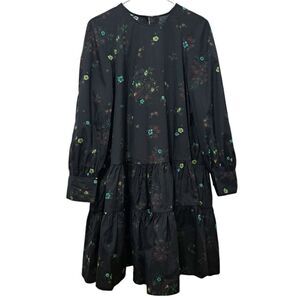 JNBY Floral Print Tiered Long Sleeve Oversized A line Dress Small Black Multi-co